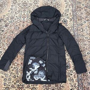 Black Quilted Hooded Puffer Jacket with Floral Lining